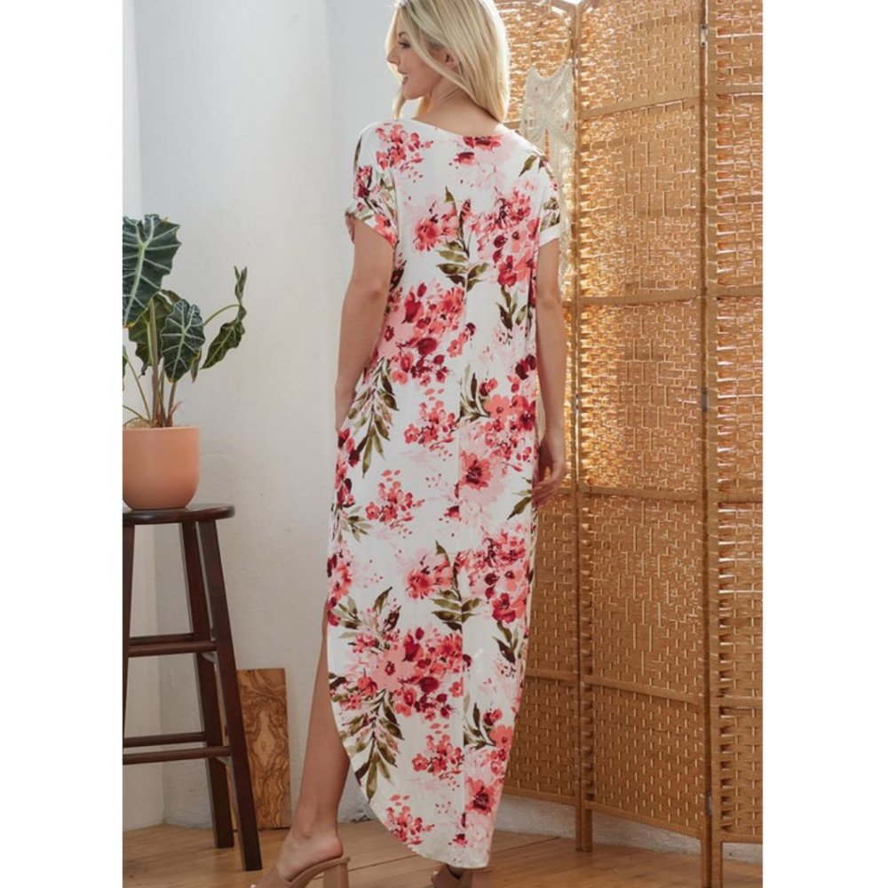 Cream Floral Print Maxi Dress With Side Slits - Picture 4 of 4